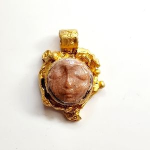 NWT HANDMADE ARTISAN GOLD ENAMEL AND POLYMER CLAY ECLECTIC FACE NECKLACE PENDANT